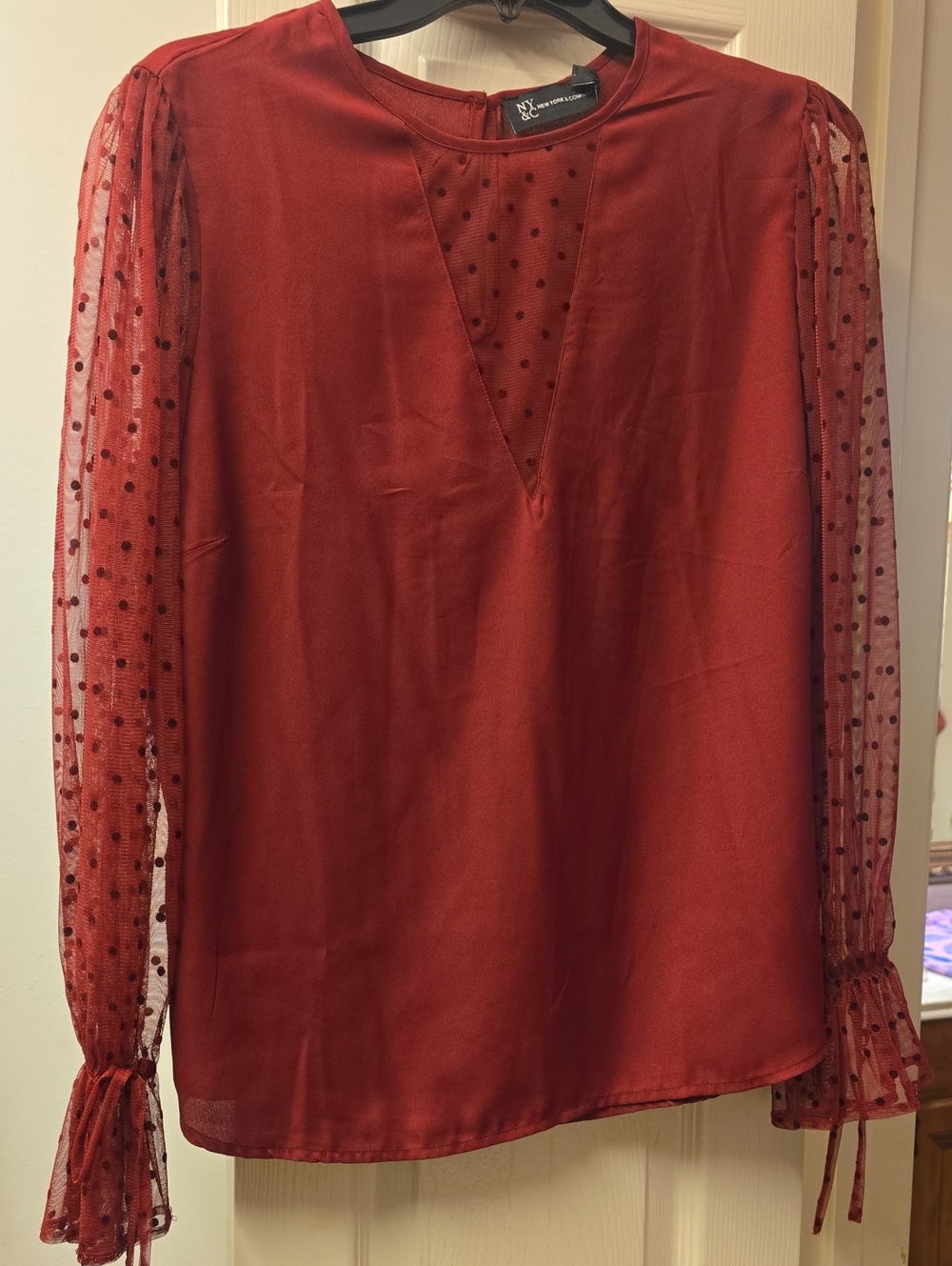 New York & Company Rust Red V-Neck Blouse with Polka Dot Mesh Sleeves